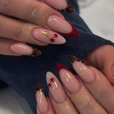 24pcs Shiny Power Design Press on Nails Autumn and Winter Wine Red Mid-length Almond False Nail Finished Love Pattern Fake Nails