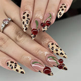 24pcs Almond False Nails Simple French Press on Nail Leopard Print Diamond Design Fake Nail with Glue Wearable Manicure Tips Art
