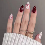 24pcs French Simple Wine Red Fake Nails New Year Almond Press on Nails Valentine Bownot Designs Wearable Acrylic False Nail Tips