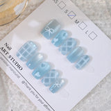 10 Pcs New Blue Dreamy Grid Press on Nails Cute Bowknot and Love Shape Cat's Eye Nail Patch Women Girls Detachable Fake Nails