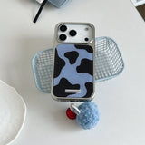 Ins Simple Plating Blue Cow Pattern Phone Case with Hairball Pendant for iPhone 17 16 15 14 Pro Max Shockproof Protective Cover