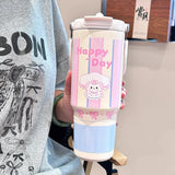 900ML Cute Insulated Tumbler Coffee Cup For Girls 316 Stainless Steel Thermo Bottle Travel Mug Vacuum Flask With Handle Straw