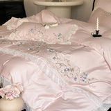1000TC Egyptian Cotton Flower Embroidery Lace Ruffles Pink Bedding Set Duvet Cover Set Flat/Fitted Bed Sheet Pillowcases 4Pcs