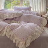 Korean Princess Style Floral Lace Ruffles Bedding Set 100% Cotton Double Yarn Duvet Cover Flat/Fitted Bed Sheet Pillowcases 4Pcs