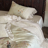 4Pcs Lyocell Soft Silky Cooling Vintage Lace Ruffles Floral Prints Bedding Set Duvet Cover Bed Sheet/Fitted Sheet Pillowcases