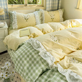 Korean Princess Style Double Layer Lace Flower Embroidery 100% Cotton Bedding Set Plaid Style Duvet Covers Bed Sheet Pillowcases