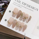 10Pcs Pink Coffin Handmade Press On Nails 3D Rhinestone Fake Nail with Butterfly Full Cover Pearl Wearable Artificial Nail Tips
