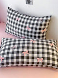 Ikeehome  2pcs Black & White Gingham Pillowcase Set with Pink Bow Print, Soft Cotton Blend for Dorm or Bedroom