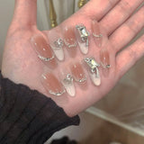 10Pcs Handmade Press on Nails Full Cover Butterflies Rhinestones Design Pink  Almond False Nails Wearable Manicure Nail Tips Art