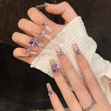 10pcs Pink Purple Gradient Handmade Press On Nails French Cat's Eye Diamond False Nails Fashion Almond Blush Gentle Fake Nails