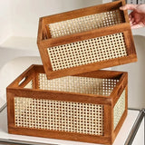 Retro Hollow Rattan Storage Basket Rectangle Creative Wooden Sundries Storage Box Luxury Aesthetic Miniature Home Decoration