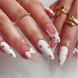24Pcs Almond Strawberry False Nails Press on Nails Full Cover Sweetness Bow Tie Design Pearl French Wearable Manicure Nail Tips