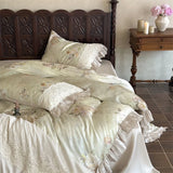 4Pcs Lyocell Soft Silky Cooling Vintage Lace Ruffles Floral Prints Bedding Set Duvet Cover Bed Sheet/Fitted Sheet Pillowcases