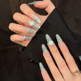 Handmade Press On Nails Long Oval Gradient Blue Cat's Eye False Nails With Aurora Diamond Decor French Fake Nails Wearable 10pcs