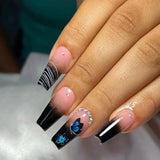 24pc Gradient False Nails with Jelly Glue Press on Nails Rose Black Lines Designs Ballet Fake Nails Wearable Full Cover Nail Tip