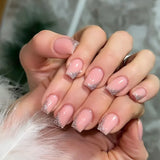 24Pcs Short Square Coffin White Border False Nails with Glue French Glitter Wearable Ballerina Design Nails Press on Nail Tips