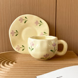 1Set Ceramic Asymmetrical Hand-Kneaded Coffee Cup and Saucer, High-Looking Purple Tulip Coffee Cup and Saucer, Suitable for Home Decoration, Home Drinking Water, Party Party, Camping Style Picnic, Gift Giving