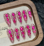 10pcs Full Diamond Handmade Press On Nails Long Stiletto False Nails With Flash Pitaya Color Rhinestone Decor Luxury Almond Nail