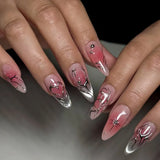 24pcs Manicure Long Almond False Nails Simple Cherry Color Fake Nials French Detachable Nail Tips Women