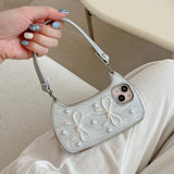 3D Bow Pearl Handbag Hand Strap Phone Case For iPhone 16 15 14 13 12 11 Pro X XR XS Max Soft Shockproof Cover