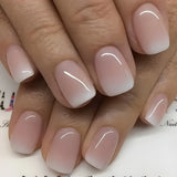 24Pcs Short Square Coffin White Border False Nails with Glue French Glitter Wearable Ballerina Design Nails Press on Nail Tips