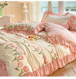 Fashion Flower Bedding Set Bed Sheet Cute Princess AB Double Sided Ruffle Flower Quilt Cover Pillowcase Bedclothes Home Textiles