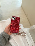 Ripple Texture Red Leo Prints Telephone Line Wrist Chain Case for iPhone 15 14 13 Pro Max Back Phone Cover for 12 Pro Capa