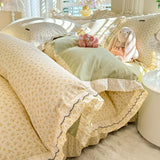 Korean Princess Style Floral Prints Ruffles Bedding Set Double Layer Yarn 100% Cotton Duvet Cover Pillowcases Bed Sheet 4Pcs