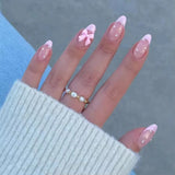 Short Square Press On Nails Pink Love Heart French Tips Press on Nails 3D Bowknot Fake Nails Full Cover Acrylic False Nails