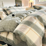 New Pure Cotton Bedding Set with Fitted Sheet Duvet Cover Pillowcase Simple Printed Grid Comfortable Bedclothes Single Double
