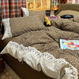 French Double-Layer Yarn Printing Bedding Set Comfort Colorfast Comforter Sets with Lace Retro Floral Skin-Friendly Bed Linens