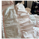 Pink Floral Double Layer Lace Ruffles 100% Cotton Bedding Set Duvet Cover Set Bed Sheet/Bed Skirt/Fitted Sheet Pillowcases 4Pcs