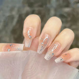 24pcs Floral Coffin Nails Set Press on Nails Cat Eye Fake Nails Butterfly Flower Design False Nails Wearable Manicure Nail Tips