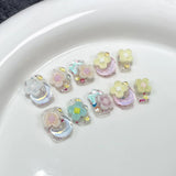 10Pcs Pink Cute Handmade Press on Nails Full Cover Bear Rhinestone Summer French Short False Nails Wearable Manicure Nail Tips