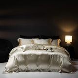 4Pcs Champagne Silk Damask Jacquard Egyptian Cotton Patchwork Luxury Bedding Set Duvet Cover Flat/Fitted Bed Sheet Pillowcases