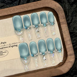 10pcs French Blue Frosted Cat's Eye Fake Nails Press On Nails Aurora Sequins Diamond Decoration Handmade False Nails Long Ballet