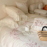 4Pcs Flowers Embroidery Lace Ruffles Princess Wedding Bedding Set Egyptian Cotton Duvet Cover Bed Sheet/Fitted Sheet Pillowcases