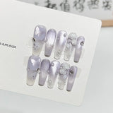 10Pcs Handmade Press on Nails Full Cover Long Coffin 3D Flowers Butterfly False Nails Shiny French Ballerina Wearable Manicure