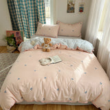 3/4PCS Ins Peach Bedding Set Grey Grid Cherry Embroidery Shell Seam Edge Double-layer Yarn Super Soft Comfortable Bedroom Decor