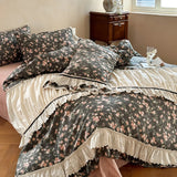 Vintage French Floral Pleated Lace Bedding Set Double Layer Crepe Yarn Pure Cotton Duvet Cover Flat/Fitted Bed Sheet Pillowcases