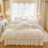 Rose Embroidery Lace Ruffles Princess Wedding Bedding Set 100% Cotton Duvet Cover Lace Edge Bed Sheet Bed Skirt Pillowcases 4Pcs