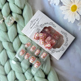 Cute Press on Nails Short Square Fake Nails with Bee Flower Design Spring Summer Floral Press on False Nails Glossy Glue on Nail