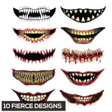 10-Sheet Scary Mouth Face Tattoos - Creepy and Funny Temporary Lip Designs - Halloween Face Stickers for Costume Parties and Ho