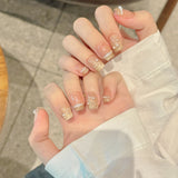 10pcs Nude Pink French False Nails Short Square Cute Press on Nails with Pearl Acrylic Fake Nails with Glue Full Cover Nail Tips