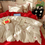 Ins Cream Style Bedding Set Red Embroidery Bow Triangular Needle Stitching Double-layer Yarn Soft Comfortable Bedroom Decoration