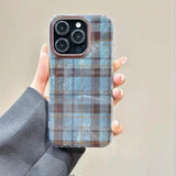 For IPhone 11 12 13 14 15 16 Pro Max X XR XS Max 7 8 Plus SE 2022 2020 Retro Brown Blue Checkered Pattern Clear Phone Case Cover
