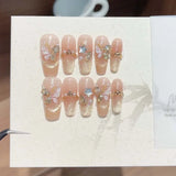 10Pcs Handmade Press on Nails Full Cover 3D Butterfly Rhinestones French Cat Eye Ballerina Fake Nails Wearable Manicure Tips Art
