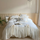 4Pcs Lace Ruffles Bow Wedding Bedding Set Pure Cotton Duvet Cover Set Double Layer Lace Quilted Bedspread Bed Sheet Pillowcases