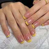Short Press on Nails French Yellow Plaid Line Style Fake Nails Wearable False Nail Tips Square Press on Artificial Fake Tips