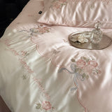600TC Lyocell Bamboo Fiber Soft Silky Bedding Set Pink Flowers Embroidery Duvet Cover Flat/Fitted Bed Sheet Pillowcases 3/4Pcs